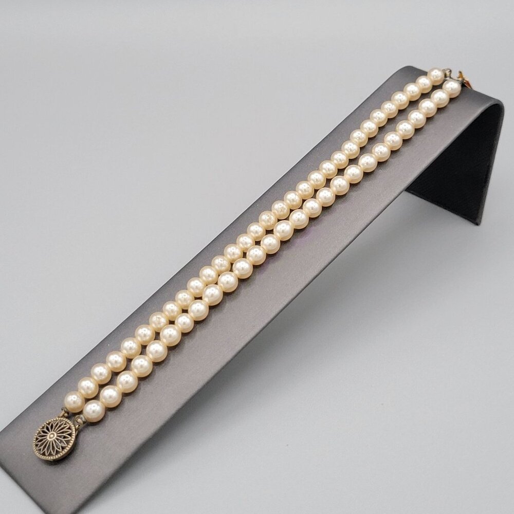 Double Strand Simulated Pearl Bracelet Gold Wash Over Sterling Hardware 6.5 in